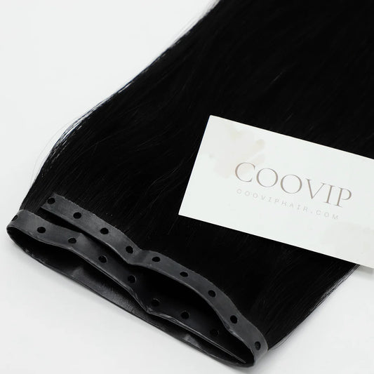 Coovip Hair Butterfly Weft top-grade Raw Virgin Remy hair extensions in #1 Jet Black.