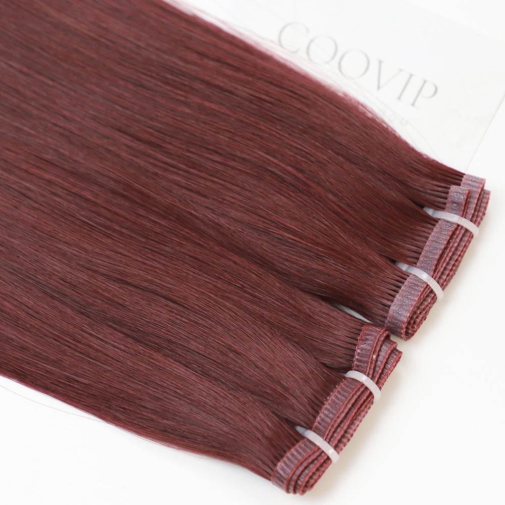 Flat Weft Hair Extensions Double Stitched #99J Red Wine Burgundy Hair 50g - Cooviphair