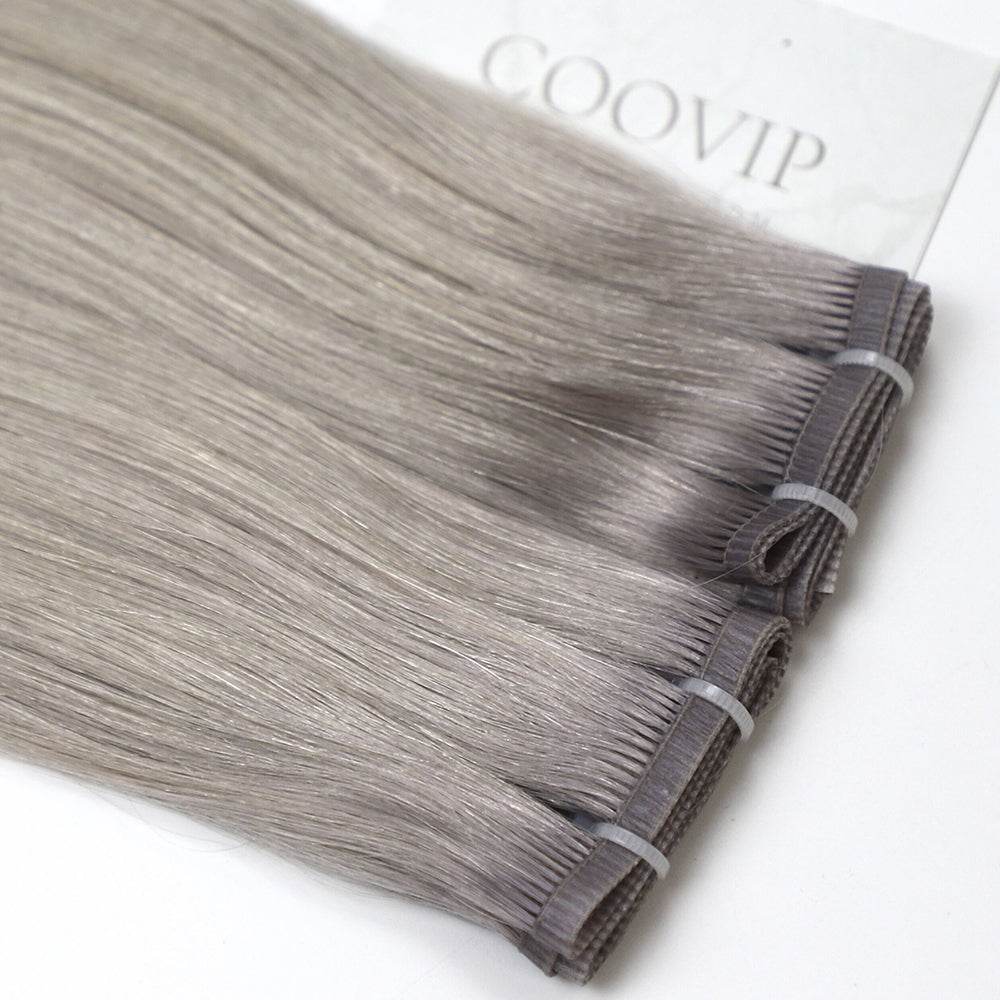 Flat Weft Hair Extensions Double Stitched Silver Color Hair 50g - Cooviphair